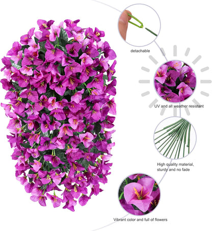 Faux Bougainvillea Artificial Flowers Plants for Outdoor Outside Decoration, 2 PCS Red Fake Flowers UV Resistant Look Real Silk Long Trailing Vines for Front Door Porch Planter Urn Patio Garden Yard