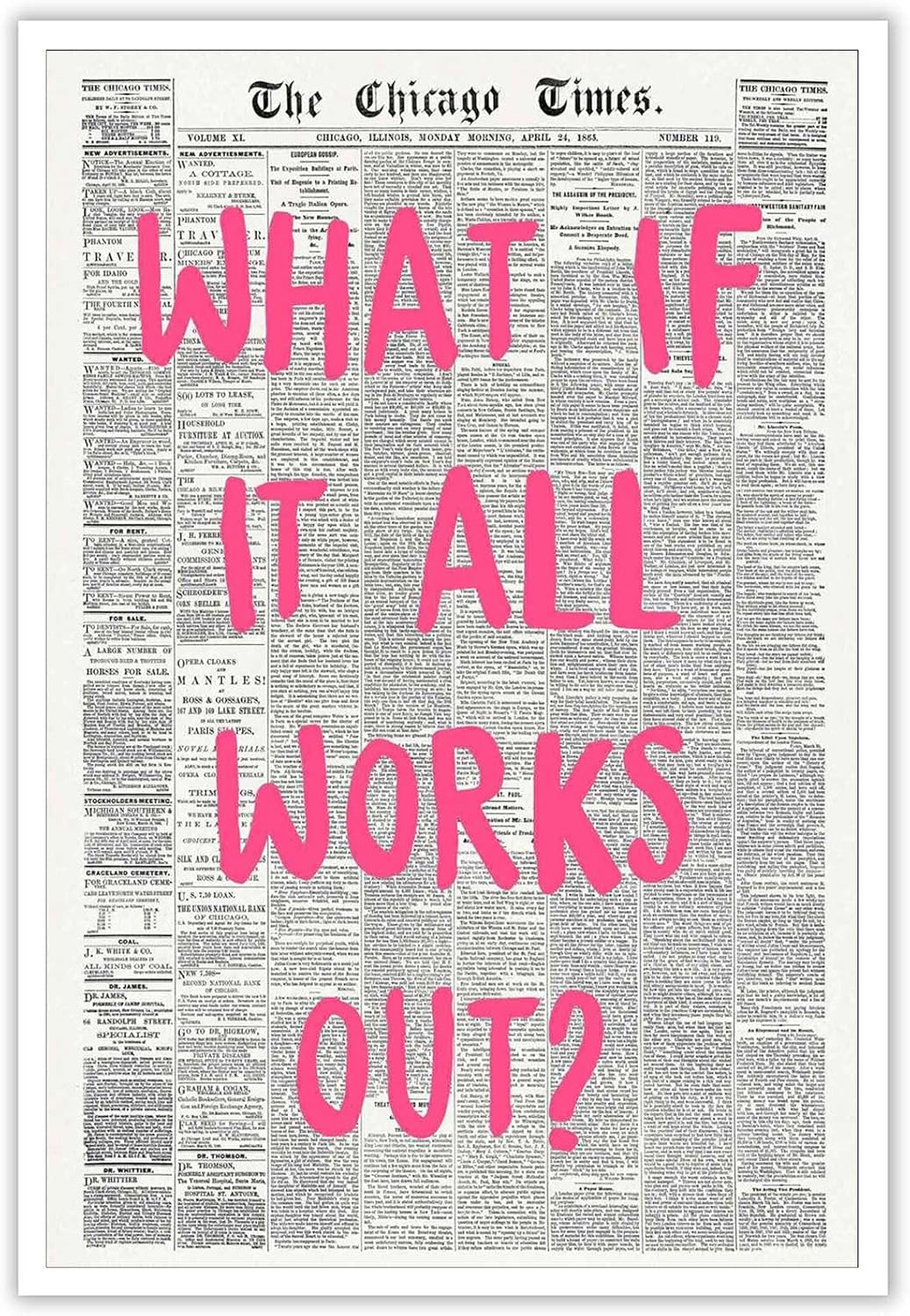 Retro Black And White Newspaper Poster What If It All Works Out Canvas Wall Art Positive Affirming Quote Minimalist Prints Painting For Home Bedroom Dorm Wall Decor 12x16in Unframed