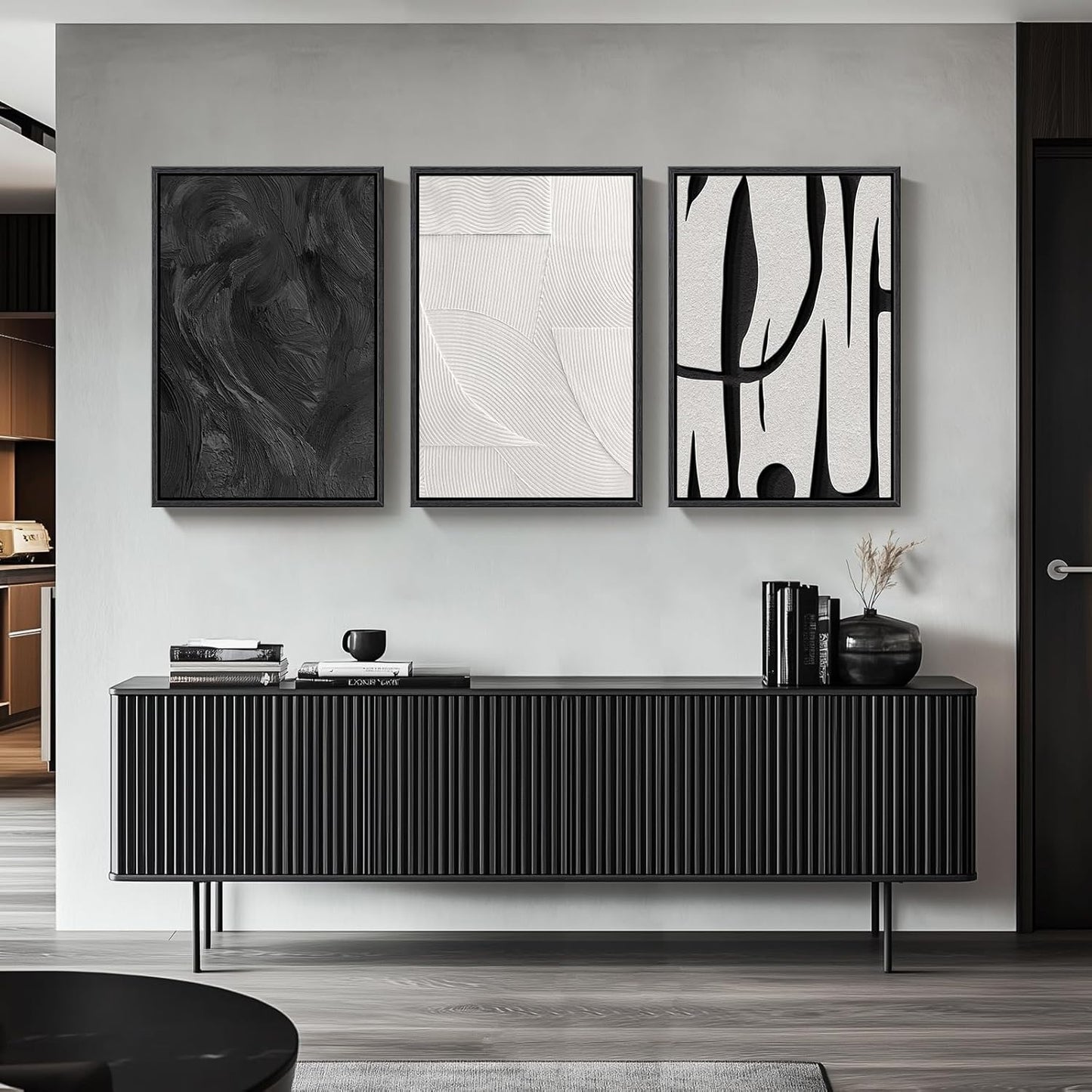 Large Framed Black and White Abstract Wall Art for Living Room, 3 Piece Big Modern Canvas Prints Paintings Artwork for Walls, Minimalist Abstract Art Pictures for Hallway, Office Wall Decor 24x36 In