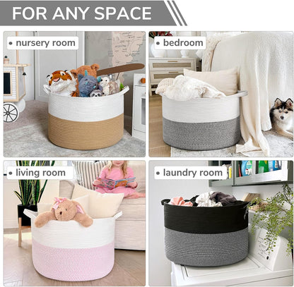 INDRESSME XXXLarge Blanket Basket for Living Room 21.7" x 21.7" x 13.8"-Storage Basket with Handle for Organizing Toy Pillows Woven Cotton Rope Laundry Basket Stuffed Animal Toy Storage for Play Room