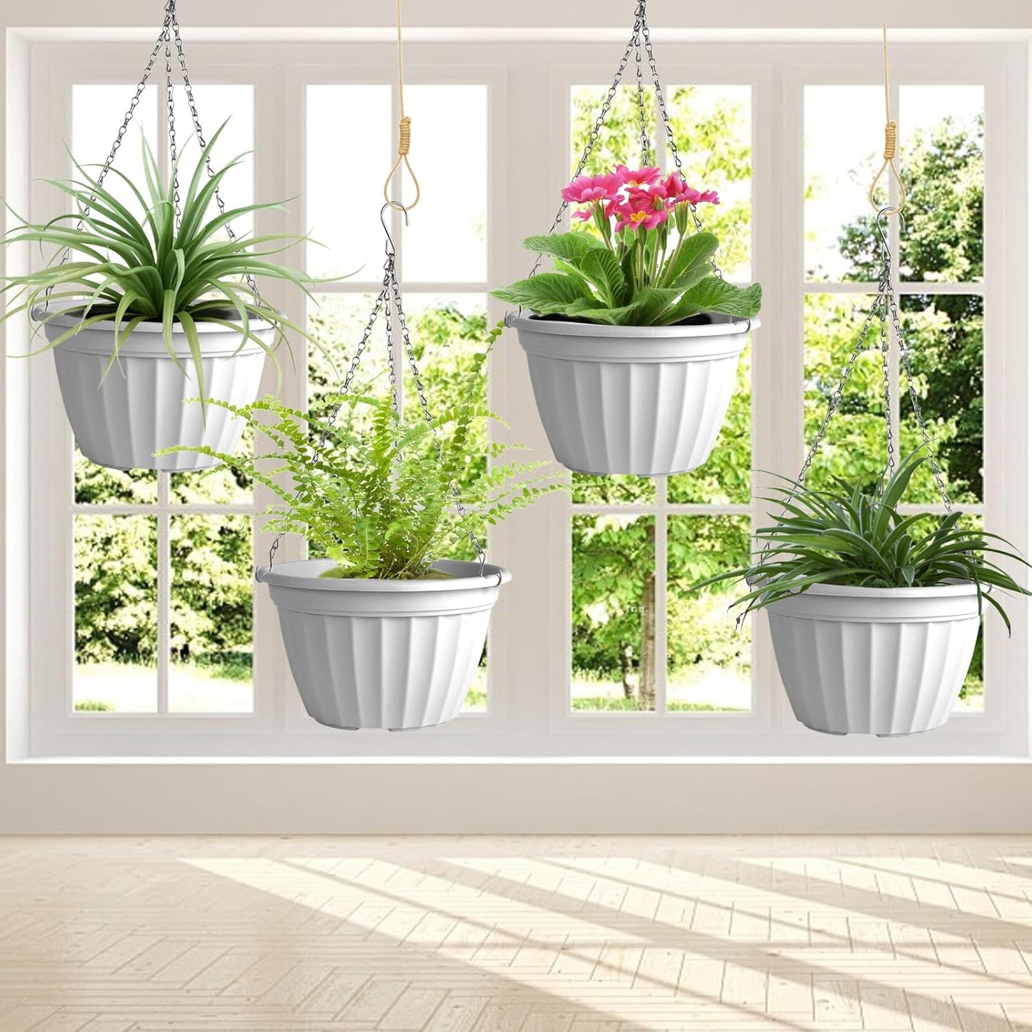 FGstyle Hanging Planters 10 Inch, 4 Pcs Self Watering Pots for Indoor Plants,Plastic Hanging Basket with Soil Elevator and 20" Chain for Home Garden Porch Balcony Patio Decor(Black)