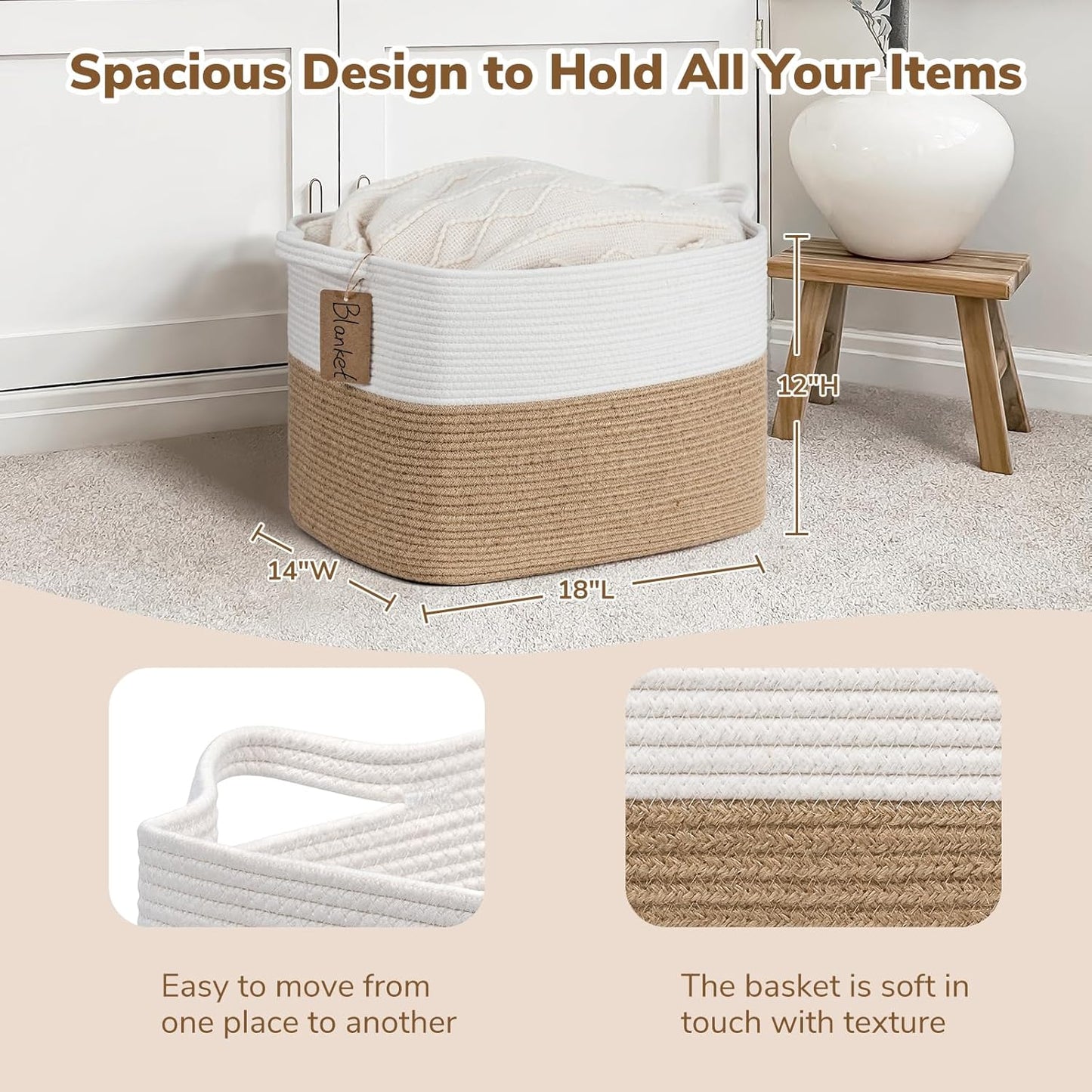 Goodpick Woven Storage Basket, Cotton Rope Basket for Dog Toys, Books, Stylish Gift Basket with Handles, 13 x 10 x 9 Inches Square Baskets for Organizing, Brown and White