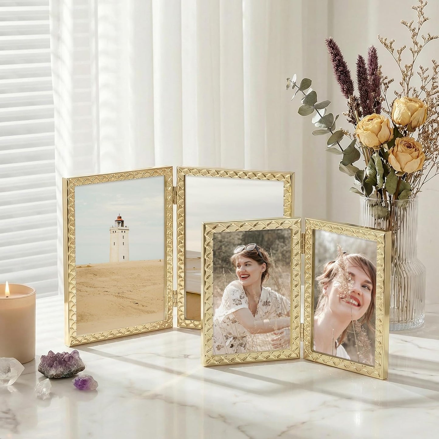 RICHFOCUS Gold 5x7 Floating Picture Frame for Photo 4x6 3.5x5 | 5 x 7 Metal Picture Frames with Double Glass for Tabletop|Modern Photo Frames Wedding|Home Decor