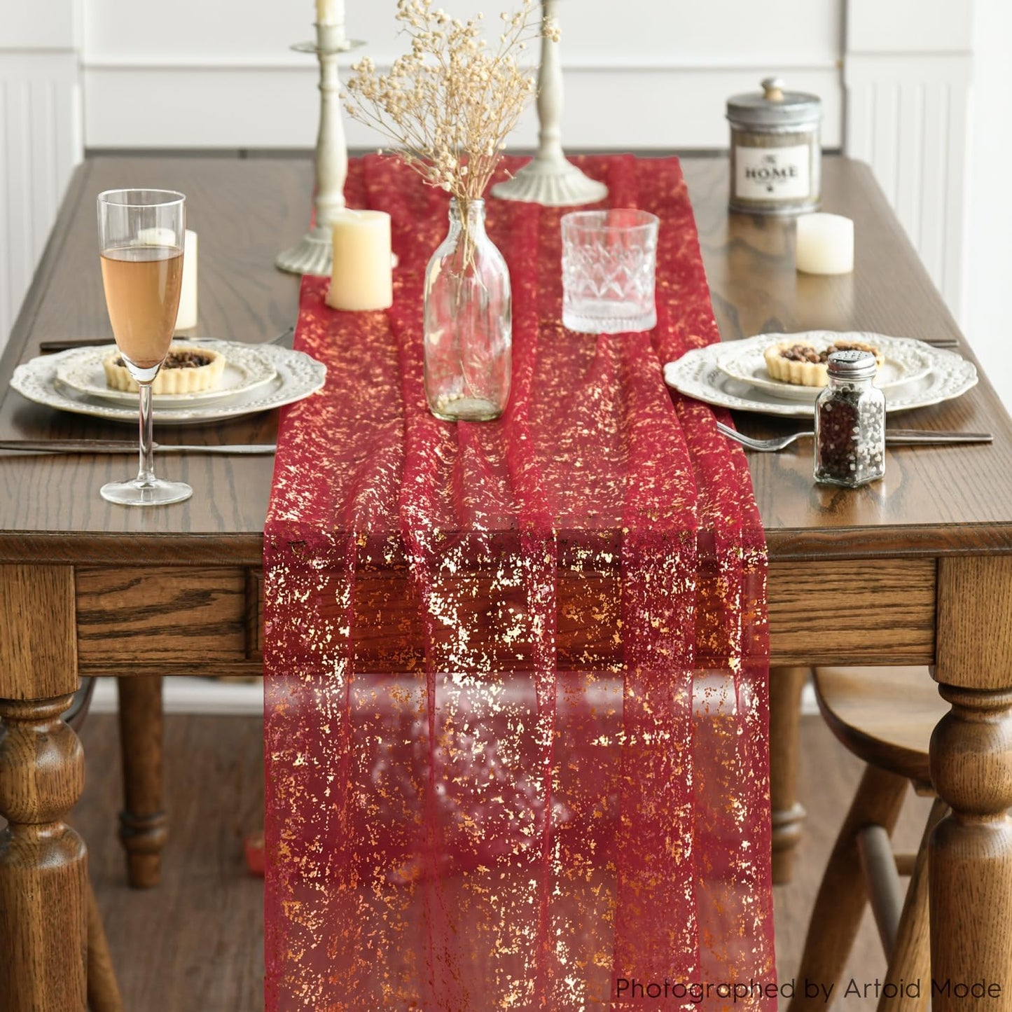 Artoid Mode Beige Gold Gauze Table Runner 120 Inch 10FT, Glitter Metallic Foil Sheer Dining Wedding Anniversary Holiday Birthday Table Decor for Home Party