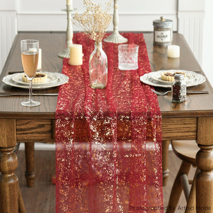 Artoid Mode Beige Gold Gauze Table Runner 120 Inch 10FT, Glitter Metallic Foil Sheer Dining Wedding Anniversary Holiday Birthday Table Decor for Home Party