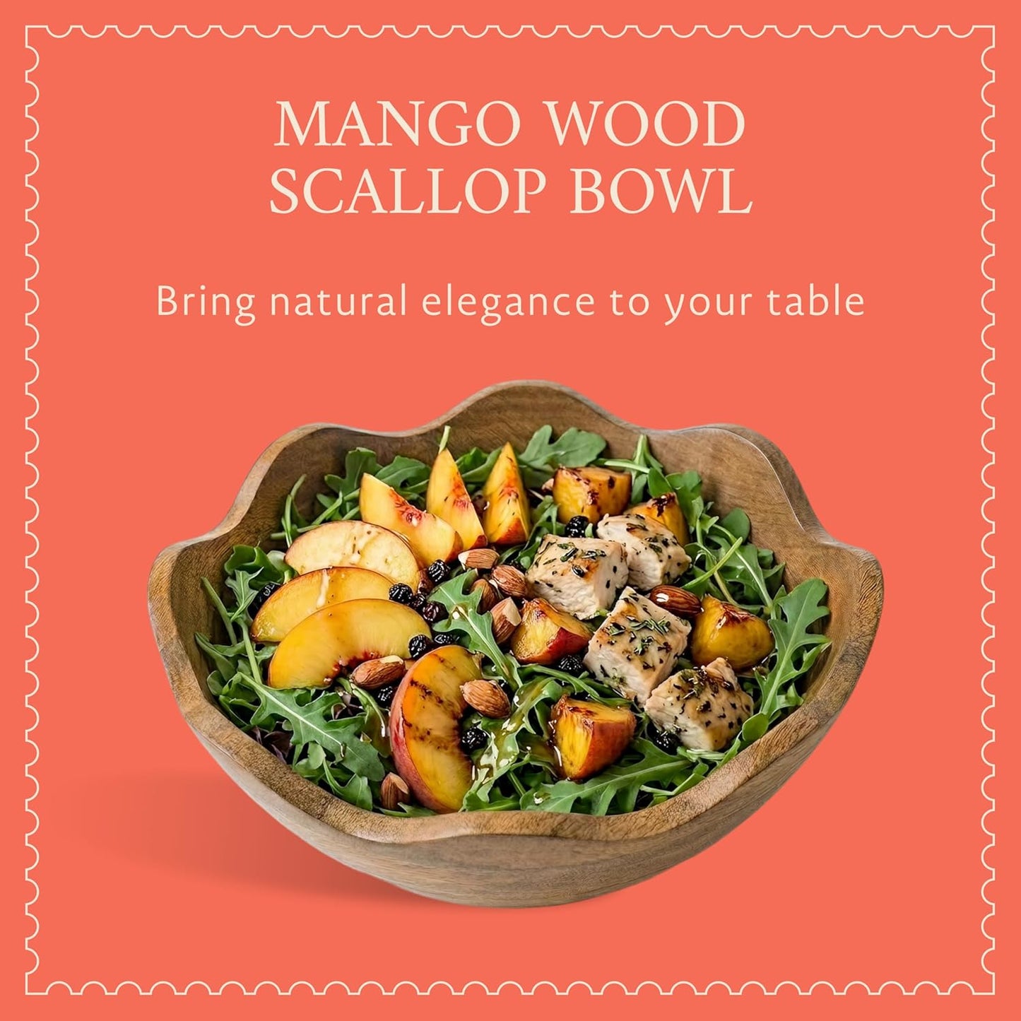 Mela Artisans 12-Inch Mango Wood Scalloped Bowl - Hand-Finished Decorative Serving and Fruit Bowl with Natural Grain for Kitchen Counter, Snacks, Desserts, Bread and Home Decor Centerpiece
