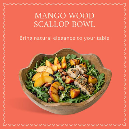 Mela Artisans 12-Inch Mango Wood Scalloped Bowl - Hand-Finished Decorative Serving and Fruit Bowl with Natural Grain for Kitchen Counter, Snacks, Desserts, Bread and Home Decor Centerpiece
