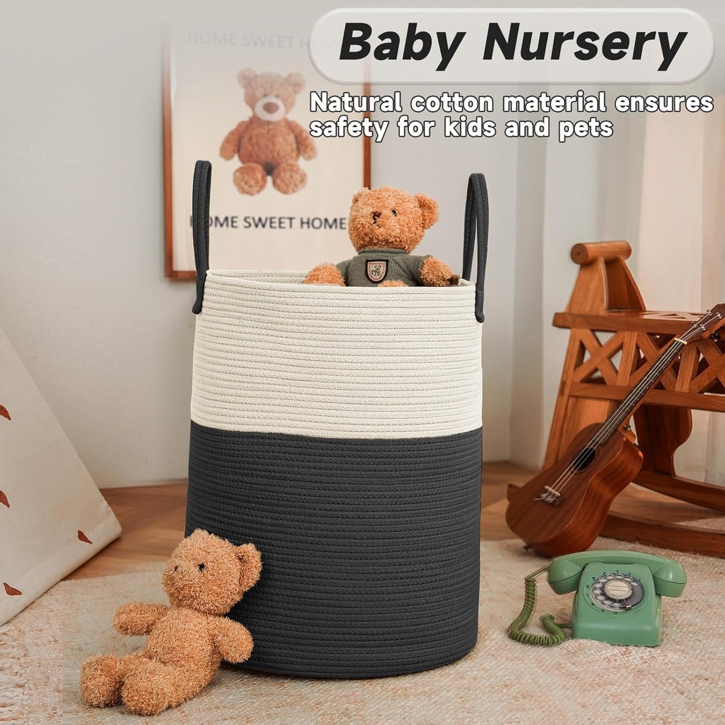 JMvicyroam Large Woven Laundry Basket Hamper,60L Cotton Rope Storage Bin for Blankets,Toys and Clothes,Decorative Tall Nursery Hamper for Living Room,Baby Nursery,Bathroom and Bedroom,Brown
