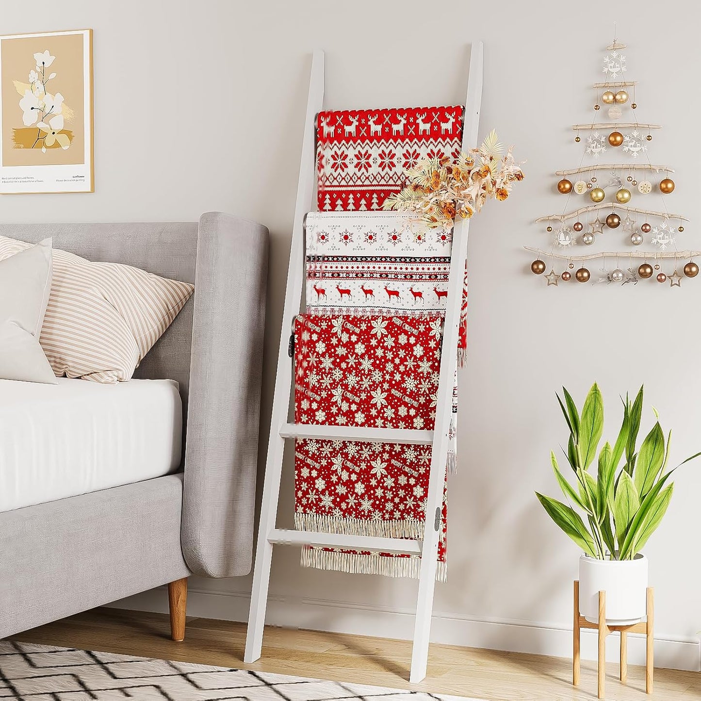 Blanket Ladder Towel Racks For Bathroom 5 Layers Towel Holder 100% Bamboo Wood Sturdy Construction No Need Wall Drilling Quilt Scarf Storage Solution Decorative Leaning Shelf for Living Room (White)