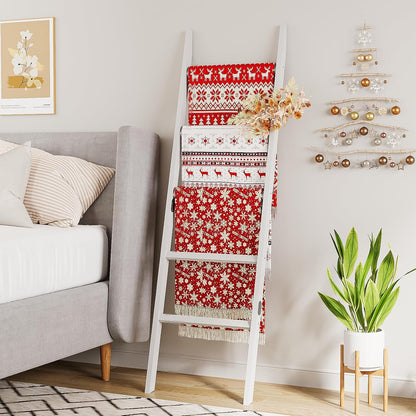Blanket Ladder Towel Racks For Bathroom 5 Layers Towel Holder 100% Bamboo Wood Sturdy Construction No Need Wall Drilling Quilt Scarf Storage Solution Decorative Leaning Shelf for Living Room (White)