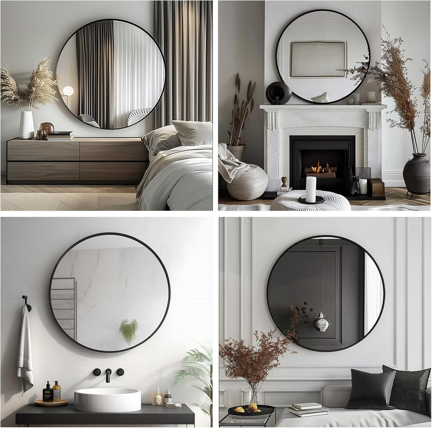 Sunniry Black Round Mirror, Round Mirror 24 inch, Black Circle Mirrors Matte Metal Frame, Wall Mounted Mirrors for Living Room, Bathroom, Wall, Entryway.