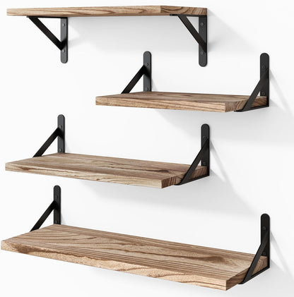 YGEOMER Floating Shelves for Wall, Different Sizes Dark Carbonized Brown Wall Shelves for Living Room, Bathroom, Bedroom, Kitchen, Home Decor (Set of 4)