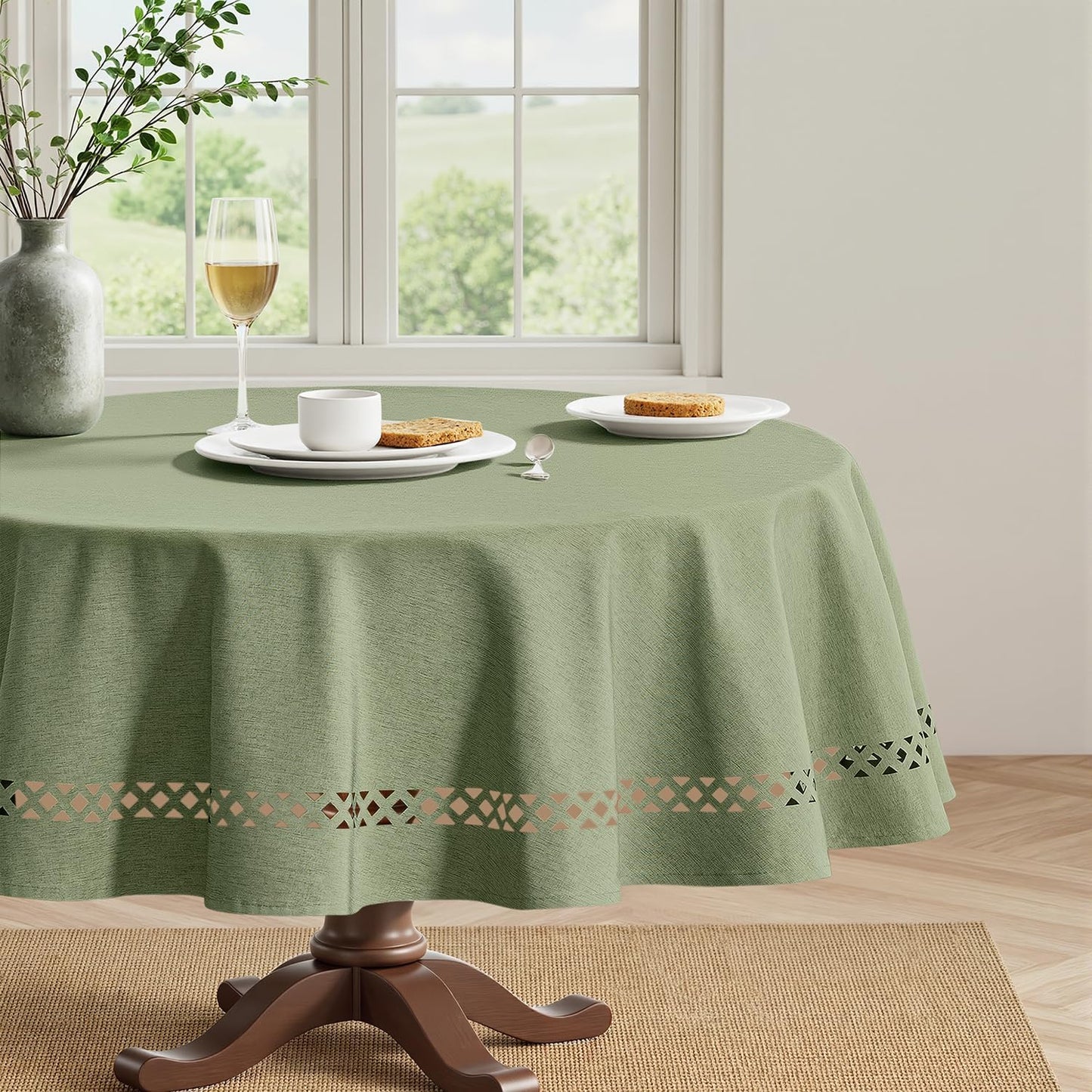 MIULEE Beige Rectangle Linen Polyester Tablecloth with Decorative Cutouts Spring Waterproof Stain Resistant & Shrink-Proof Table Cloth 52x70 inch Farmhouse Style for Dining Wedding and Outdoor