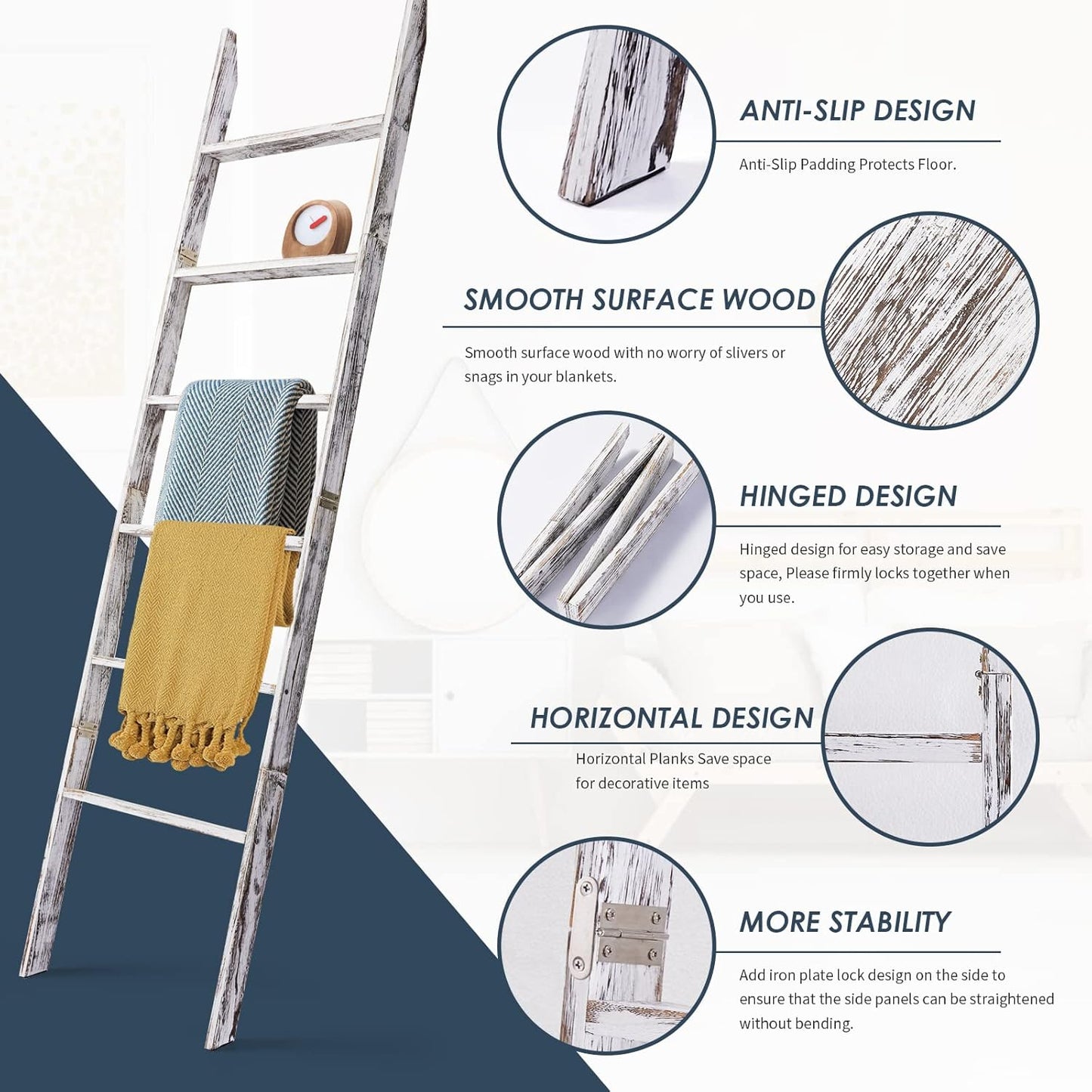 6-Tier Blanket Ladder Wooden, 5.7FT(66.5'') Blanket Quilt Towel Holder Rack Decorative Ladder, Easy Assembly, Rustic Farmhouse Ladder Shelf for The Living Room Bedroom Bathroom Home Decor, Brown