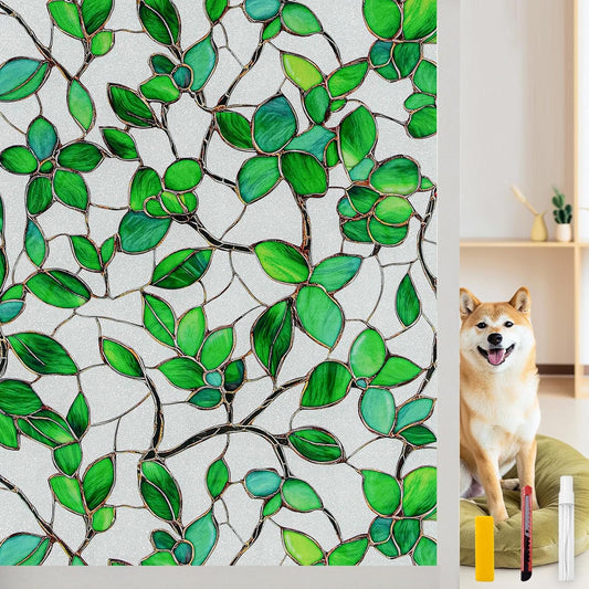 COUNTEWOL Window Privacy Film with Installation Tools Home Decorative Colored Glass Window Stickers Reusable electrostatic Rainbow Stickers (Stained Leaf, 17.5 x 78.7 in)