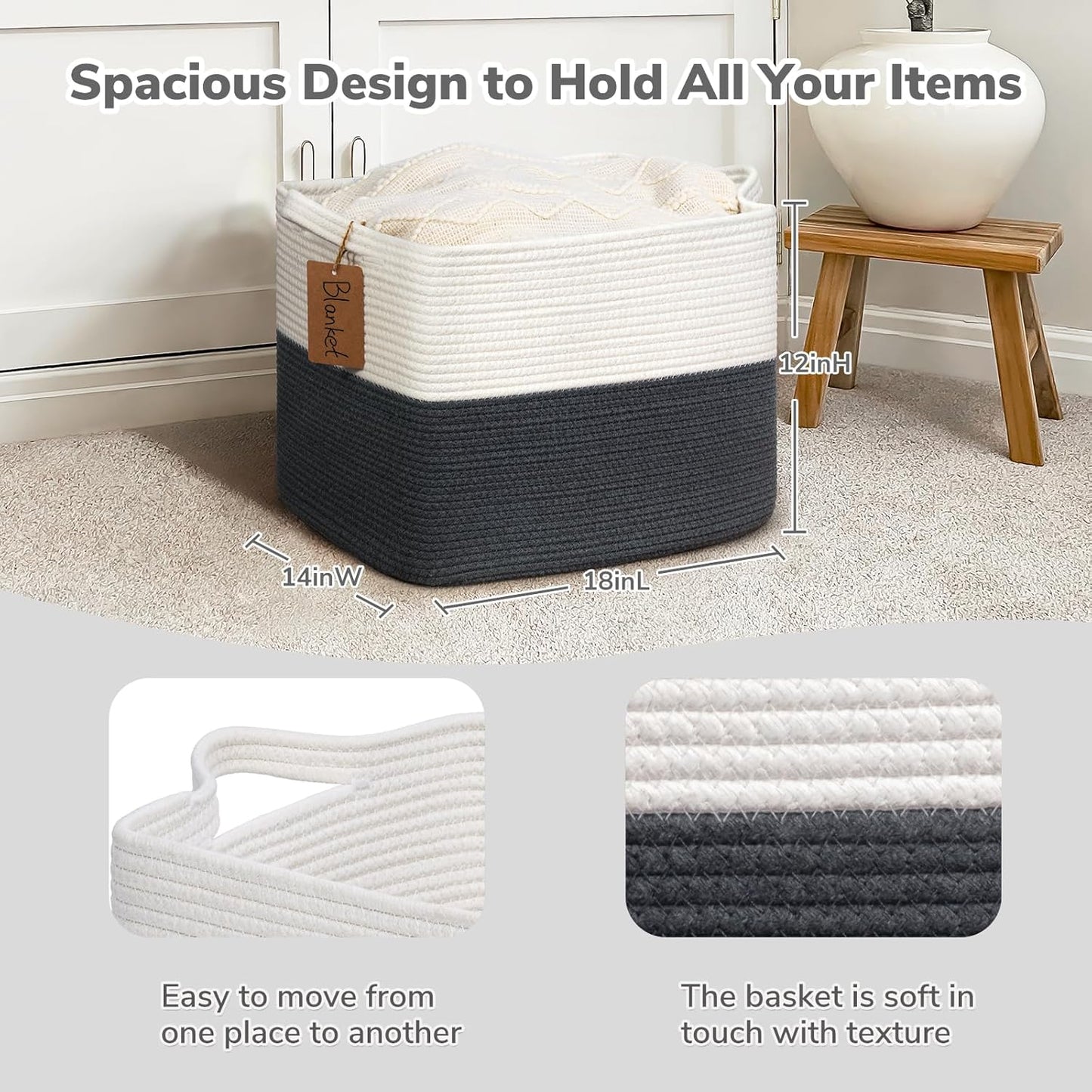Goodpick Woven Storage Basket, Cotton Rope Basket for Dog Toys, Books, Stylish Gift Basket with Handles, 13 x 10 x 9 Inches Square Baskets for Organizing, Brown and White