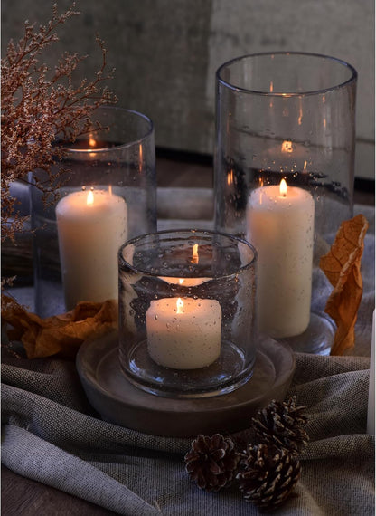 Hurricane Candle Holders for Pillar Hand Blown Glass Cylinder Vases Table Centerpiece Bulk Room Decor Clear Seeded Bubbles Living Dining Kitchen Island 10" 7" 4" Set of 3