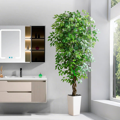 Artificial Ficus Tree 6FT Faux Plants Indoor Tall Fake Plants with White Planter, Green Lifelike Lush Fake Ficus Tree for Home Living Room Bedroom Outdoor Balcony House Office Decor