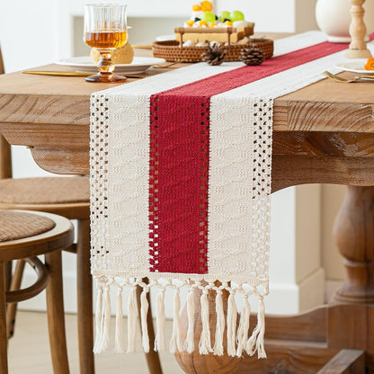FEXIA Boho Table Runner for Thanksgiving Fall Christmas Home Decor with Tassels 72 Inches Long Pottery barn Furniture Farmhouse Rustic Macrame Burlap Table Decoration for Living Room (12x72 Inches)