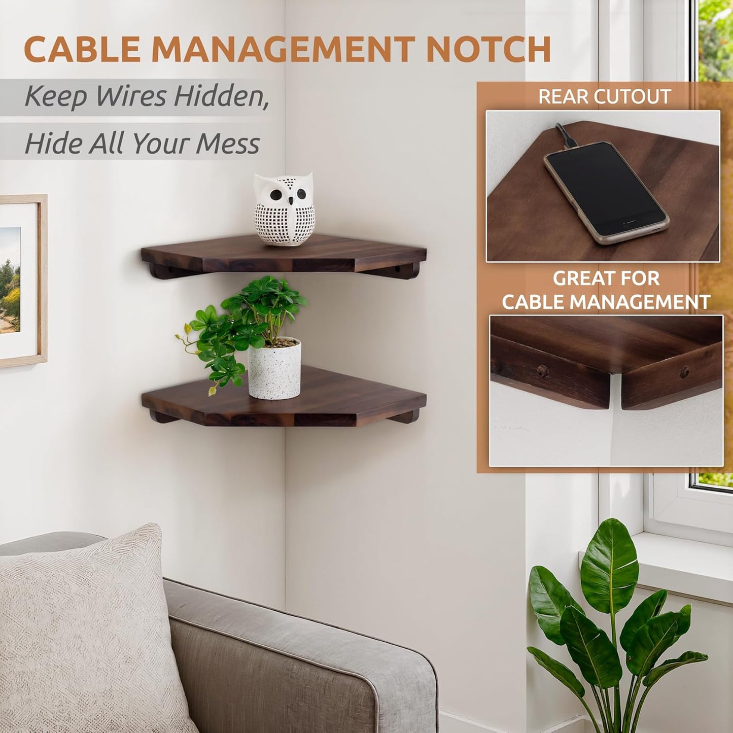 Demigo Corner Shelf Wall Mount, Set of 2 Solid Acacia Wood 11.8 x 16.5 inches Floating Corner Shelves, Smooth - Durable - Attractive Corner Shelves for Bedroom Living Room Bathroom Kitchen