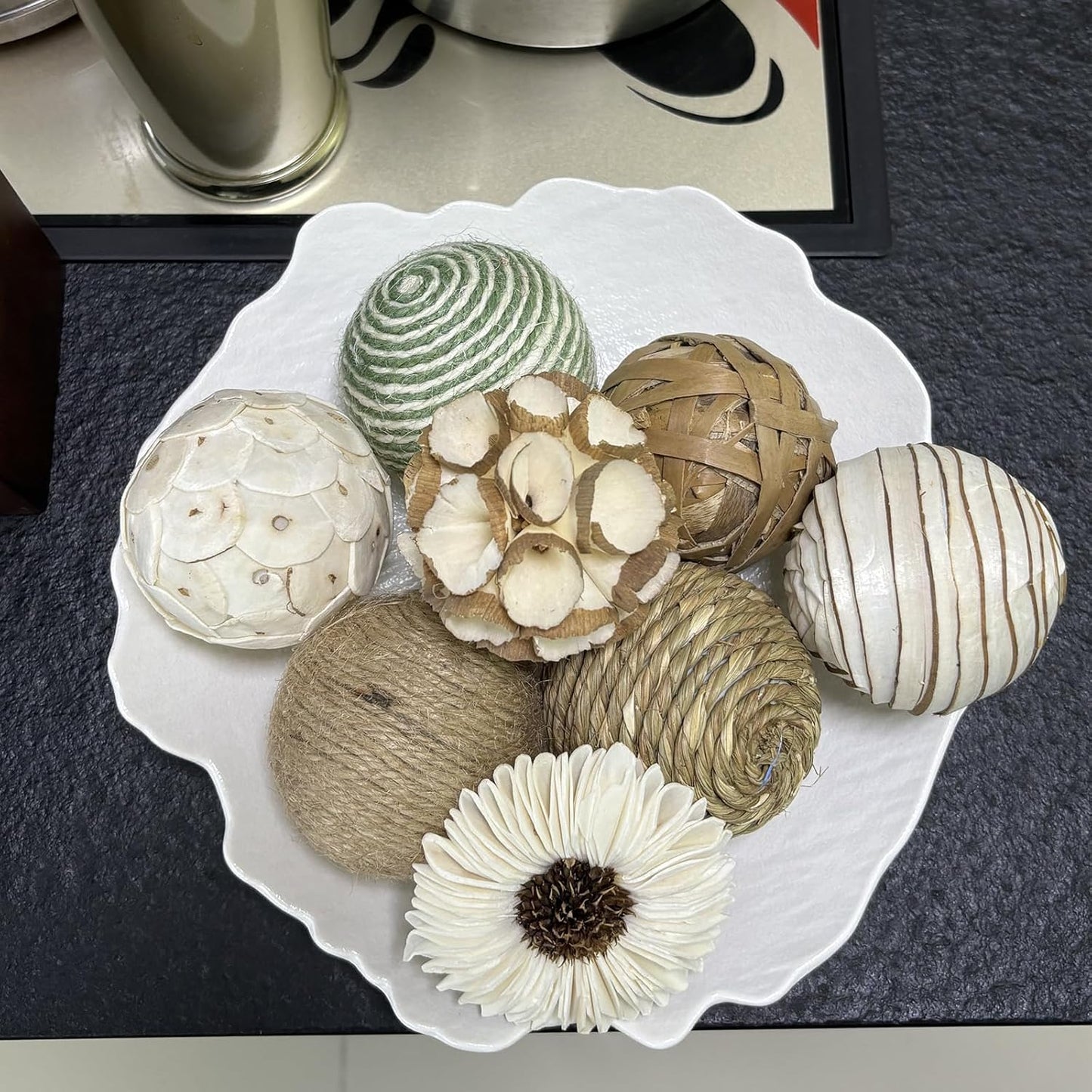 6 Pcs Decorative Balls for Centerpiece Bowls,2.36 Inch Natural Handmade Cotton Linen Orbs Balls,Wood Decorative Ball,Vase Fillers, Home Table Decor