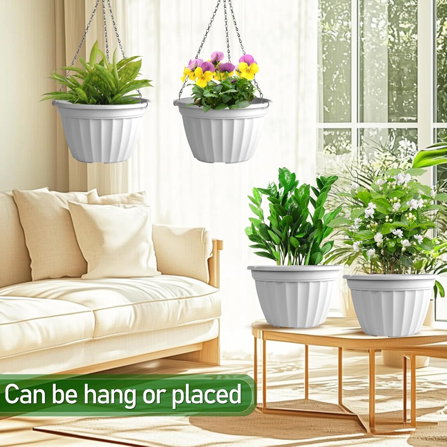 FGstyle Hanging Planters 10 Inch, 4 Pcs Self Watering Pots for Indoor Plants,Plastic Hanging Basket with Soil Elevator and 20" Chain for Home Garden Porch Balcony Patio Decor(Black)