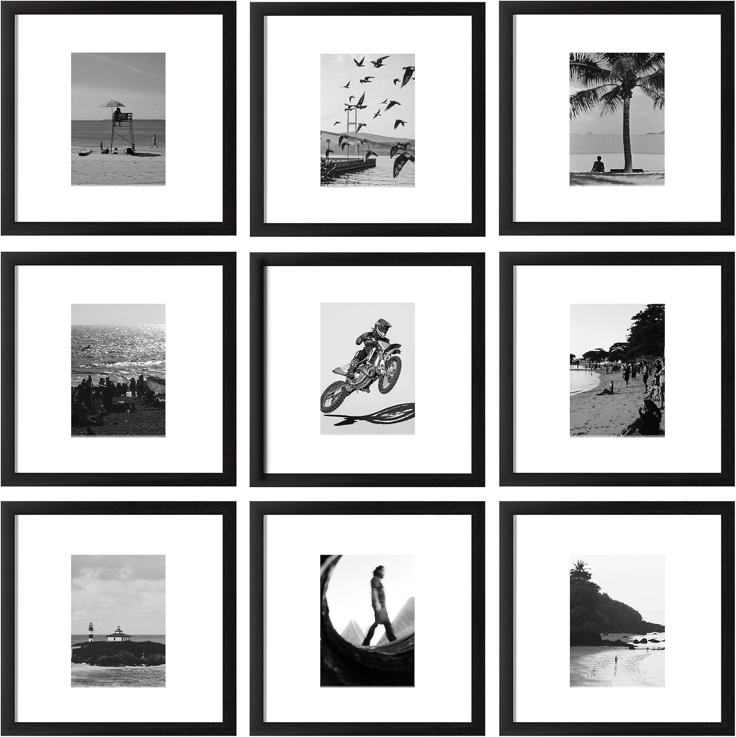 eletecpro 12x12 Picture Frames Set of 9 with Clear Acrylic Cover, Display 8x8 Photos with Mat or 12x12 Without, Classic and Sturdy Square Collage Gallery Wall Decor, Easy Wall Mount, Black