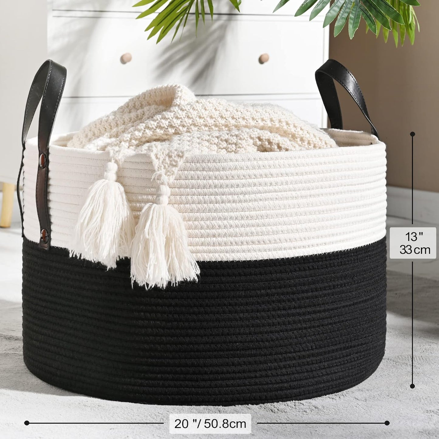 KAKAMAY Large Blanket Basket (20"x13"),Woven Baskets for storage Baby Laundry Hamper, Cotton Rope Blanket Basket for Living Room, Laundry, Nursery, Pillows, Baby Toy chest (White/Brown)