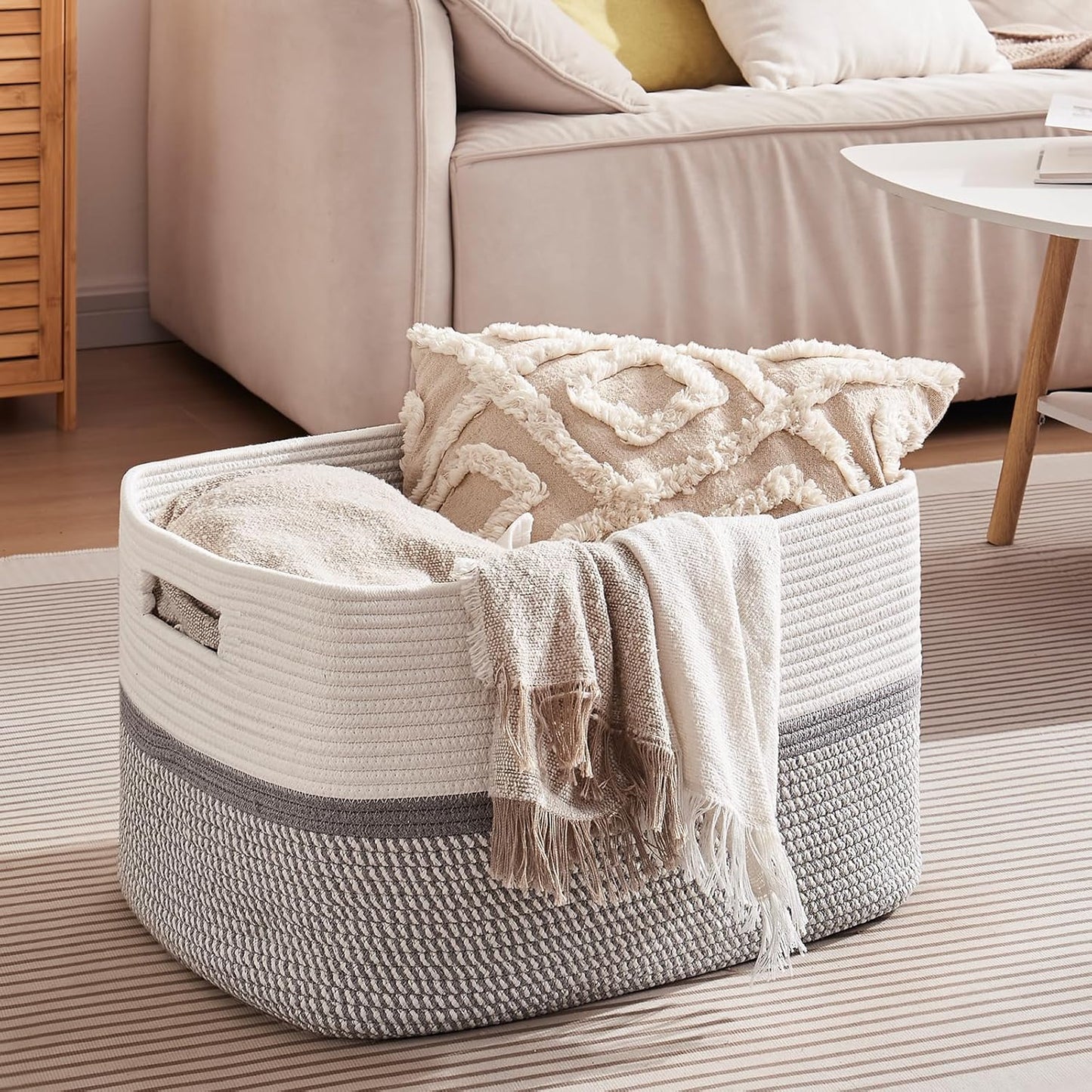 OIAHOMY Large Blanket Basket, 22”x17”x12” Rectangle Woven Baskets, Nursery Blanket Storage Living Room, Toy Storage With Handle, Large Baskets for Organizing-Gradient Yellow