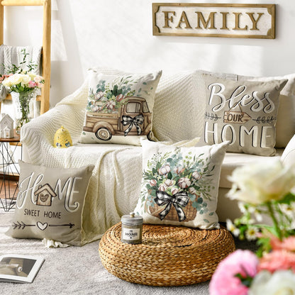 AVOIN colorlife Bless Our Home Farmhouse Eucalyptus Leaves Throw Pillow Covers, 18 x 18 Inch Truck Home Sweet Home Cushion Case Decorations Set of 4