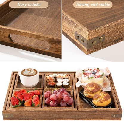 Yangbaga Rustic Wooden Serving Trays with Handle - Set of 7 Rectangular Platters for Entertaining, Breakfast, Coffee Table, Home Decor