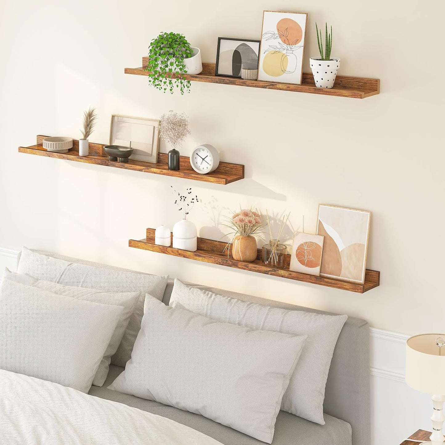 HOOBRO Floating Shelves, Wall Shelf Set of 3, 35.4 Inches Hanging Shelf with Raised Edge and Invisible Brackets, for Bathroom, Bedroom, Kitchen, Office, Living Room Decor, Rustic Brown BF90BJ01