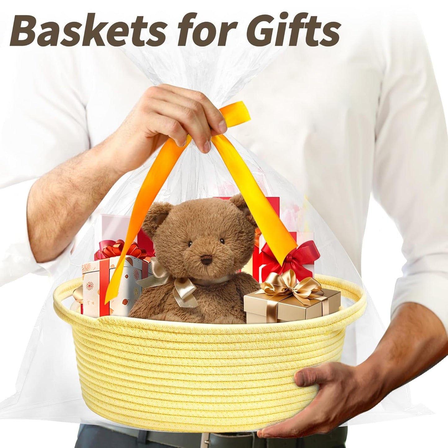Pro Goleem Small Woven Basket with Gift Bags and Ribbons Durable Baskets for Mothers Day Gifts Empty Small Rope Basket for Storage 12"X 8" X 5" Baby Toy Baskets with Handles, White