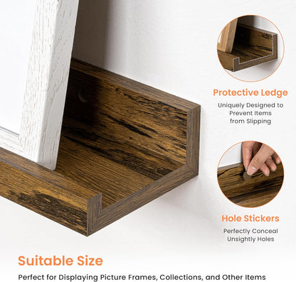 RICHFOCUS Picture Ledge Shelf, 24 inch Floating Shelves Set of 2, Wood Wall Shelves with Lip, Wall Decor Storage for Bedroom Living Room Bathroom Kitchen Nursery Photo Picture, Walnut