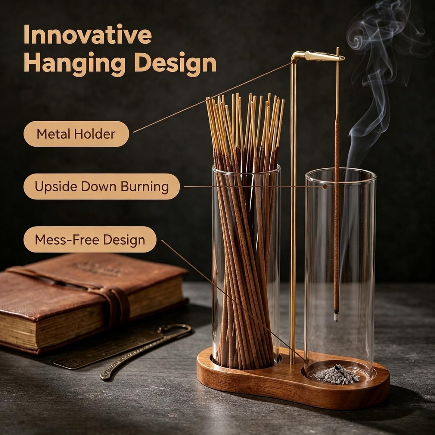 Incense Holder,2 in 1 Incense Sticks Burner Holder with Storage,Hang Upside Down Incense Holder for Sticks with Glass Ash Catcher for Meditation Yoga Spa Room Decor (Brown)