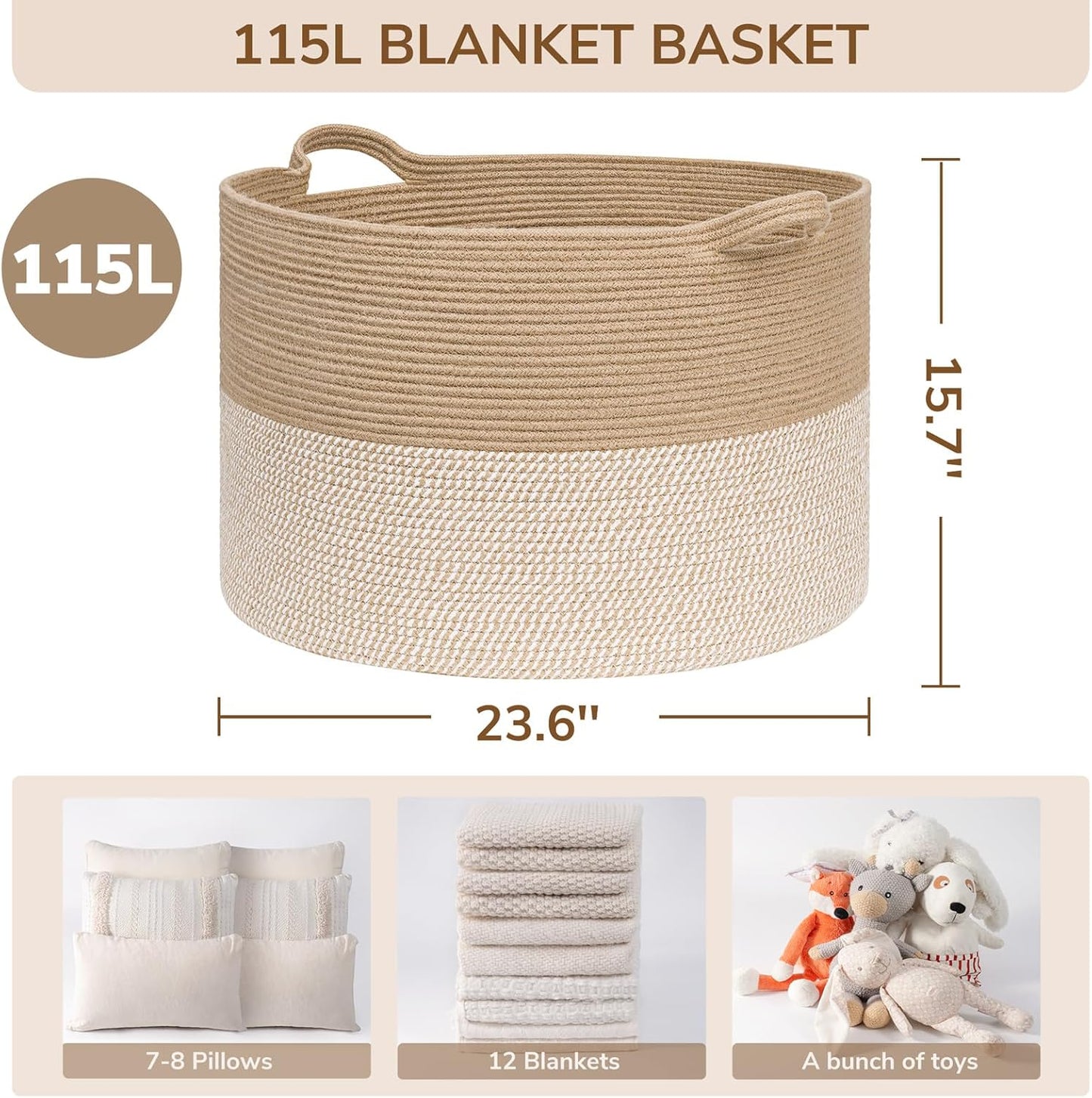 INDRESSME XXXLarge Blanket Basket for Living Room 21.7" x 21.7" x 13.8"-Storage Basket with Handle for Organizing Toy Pillows Woven Cotton Rope Laundry Basket Stuffed Animal Toy Storage for Play Room