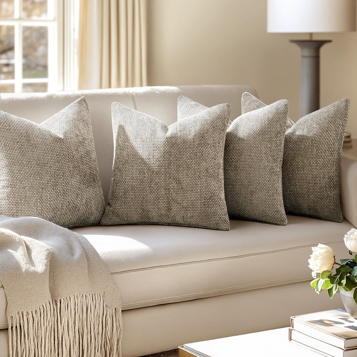 MIULEE Pack of 4 Couch Throw Pillow Covers 18x18 Inch Neutral Soft Decorative Chenille Pillow Covers Farmhouse Boho Cushion Covers for Mid Century Modern Spring Home Decor Sofa Bedroom Living Room