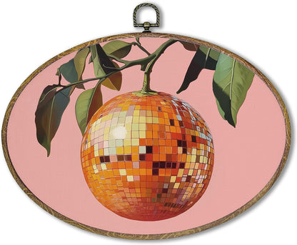 Trendy Funky Orange Disco Ball Oval Wall Art Framed, Funky Retro Oval Wall Decor, Trendy Aesthetic Hanging Canvas Prints Wall Sculptures for Home Living Room Bedroom Decor, 8.5x11.5 Inch