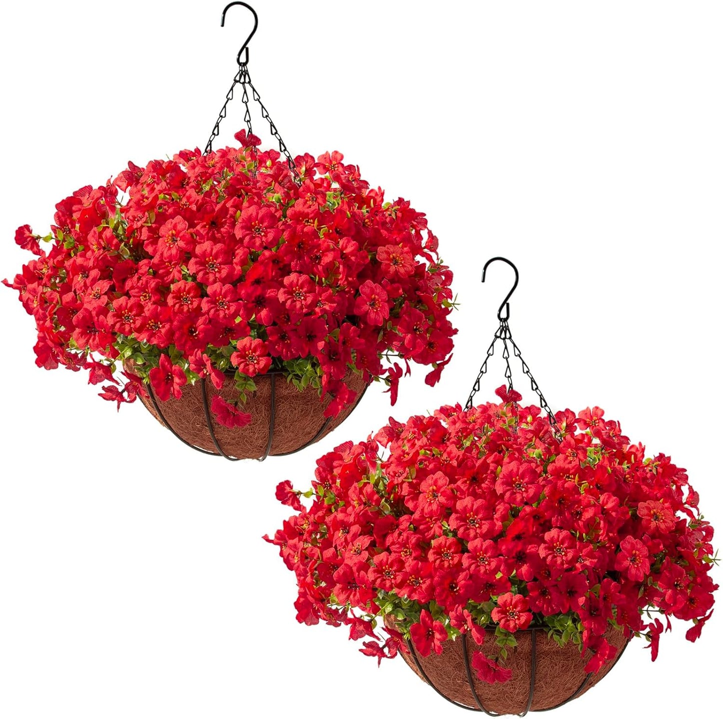 Hananona 2 Set Artificial Outdoor Flowers with Hanging Basket, 2 Hanging Planters with 24 Pcs Flowers for Spring Summer Front Porch Garden Patio Home Decor (2, Red, Purple, Yellow, Rose Red)