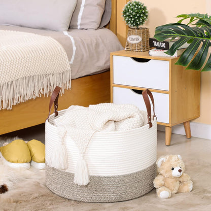 KAKAMAY Large Blanket Basket (20"x13"),Woven Baskets for storage Baby Laundry Hamper, Cotton Rope Blanket Basket for Living Room, Laundry, Nursery, Pillows, Baby Toy chest (White/Brown)