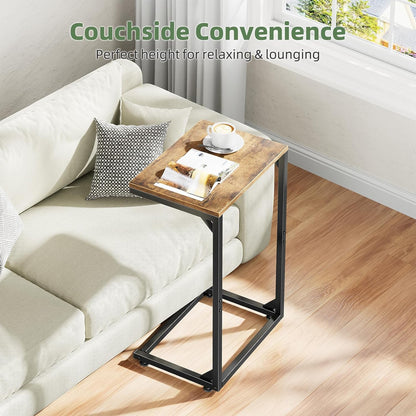 Simple Trending C Shaped End Table, TV Tray for Couch, Small Side Table with Metal Frame, for Living Room Bedroom, Rustic Brown