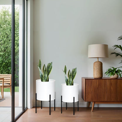 ARNIS Modern Plant Pots, Set of 2 Large Planters with Stand, Decorative Planters, Metal Pots with Drainage Holes for Living Room, Office, Garden or Balcony, 8.25 &10.5 Inch, Dirt