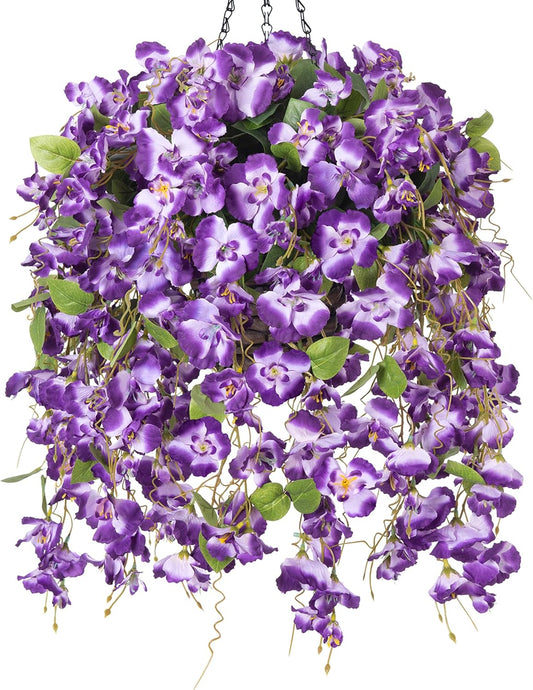 Artificial Fake Hanging Hibiscus Flowers Plants Baskets for Outdoor Decoration, Faux Silk Hibiscus Long Vines in Planter UV Resistant Realistic Flowers for Outside Porch Patio Home Decor, Pink