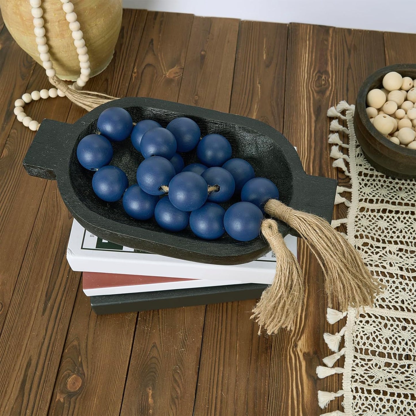 OMISHE Extra Large Wood Bead Garland with 1.6" Diameter Wooden Beads and Tassels, 41" Long Rustic Farmhouse Country Decorative Beads for Home Tiered Tray Decor, Natural Beige