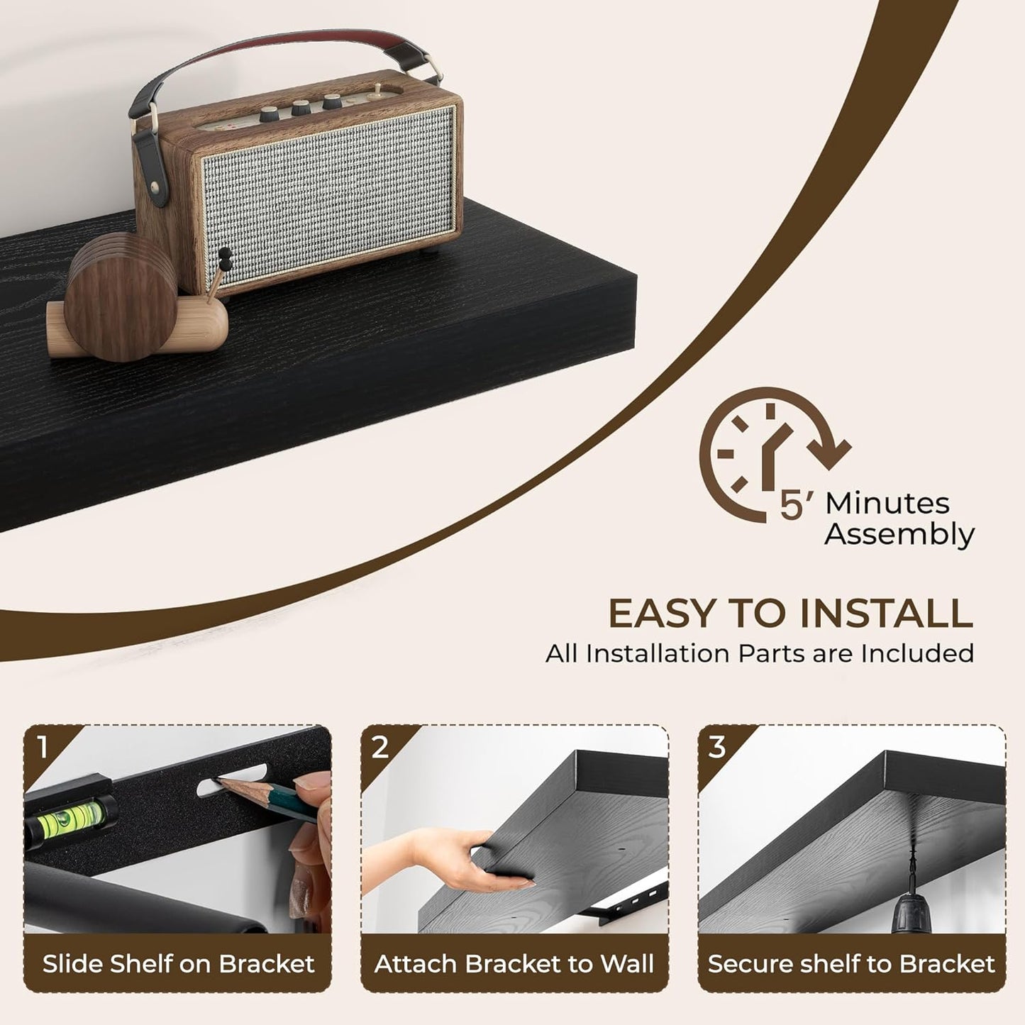 RICHFOCUS 72Inch Floating Shelves for Wall 2 Pack Shelves for Bedroom|Kitchen|Bathroom Wall Mounted Rustic Wood Floating Shelf with Invisible Brackets for Books|Storage|Decor, Rustic Brown