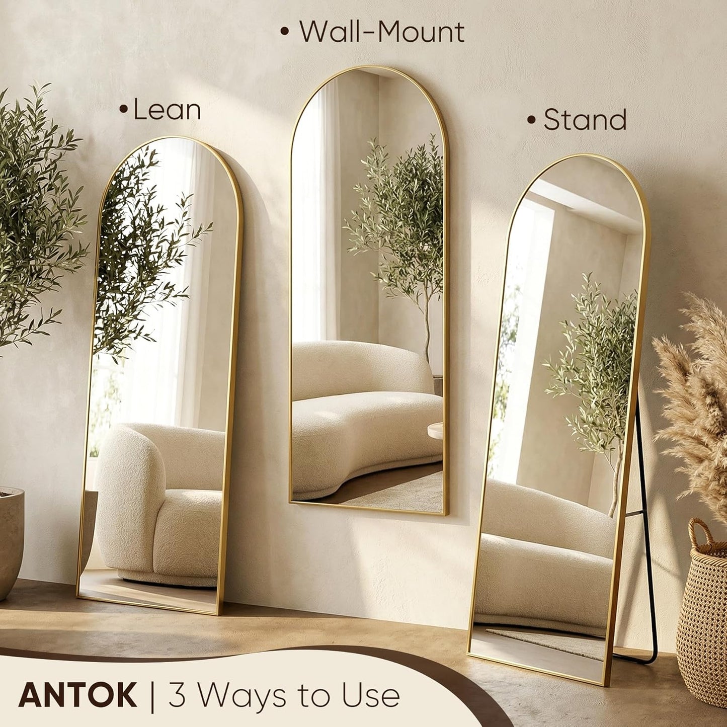Antok 71" x28” Arched Full Length Floor Mirror, Black Aluminum Frame, Free Standing/Wall Mount/Leaning for Bedroom, Living Room, Dressing Room