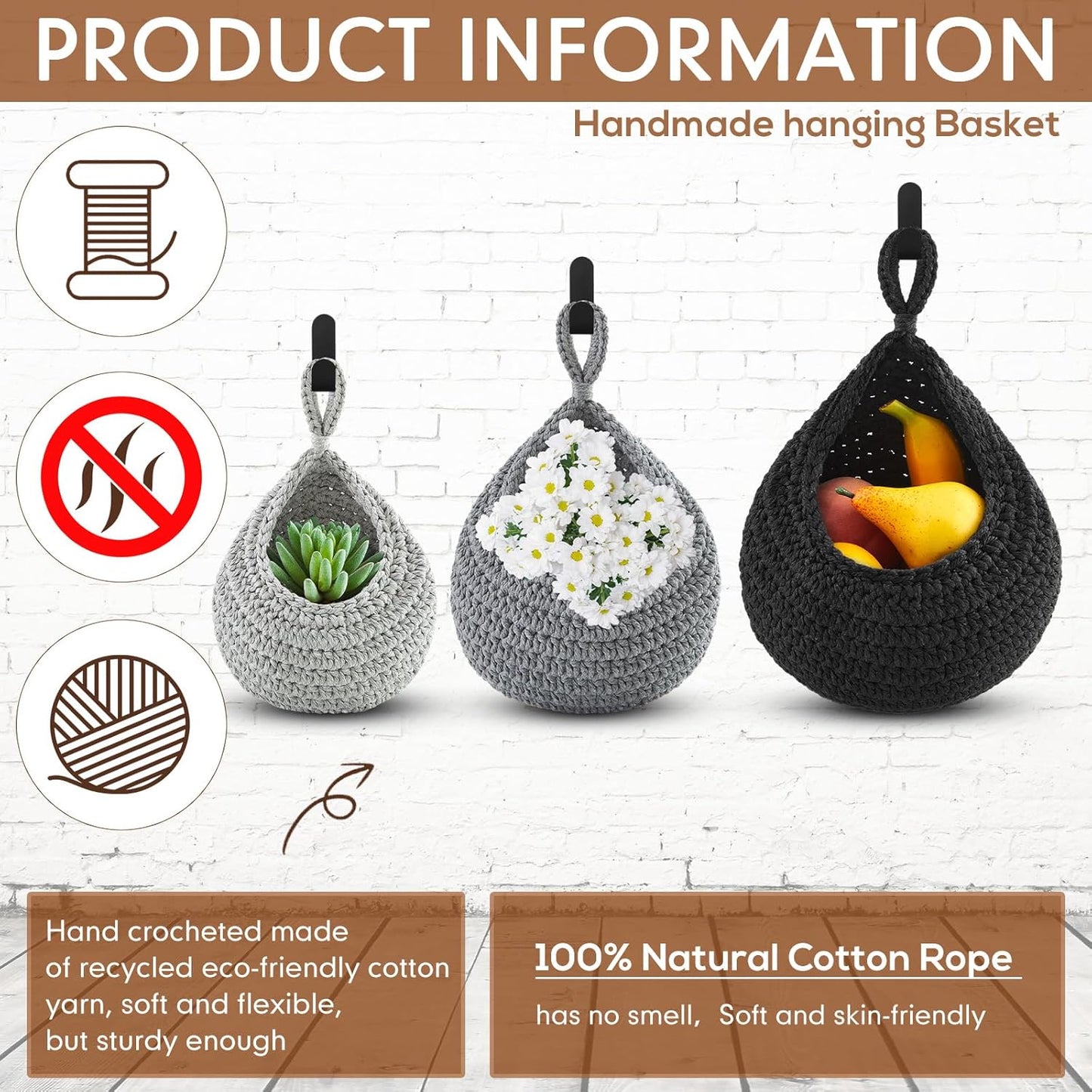 Honeydak Boho Decor Hanging Wall Baskets for Kitchen 3 Pack Teardrop Baskets with Hooks Storage Fruit Onion Vegetable Potato for Home 3 Sizes(Linen,Teardrop,Jute)