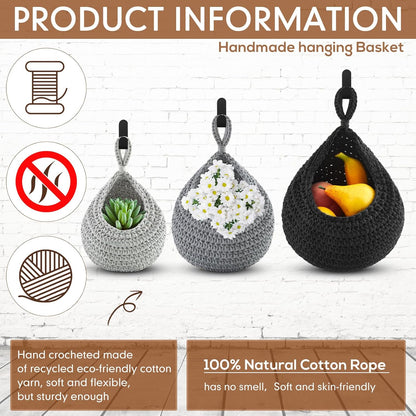 Honeydak Boho Decor Hanging Wall Baskets for Kitchen 3 Pack Teardrop Baskets with Hooks Storage Fruit Onion Vegetable Potato for Home 3 Sizes(Linen,Teardrop,Jute)