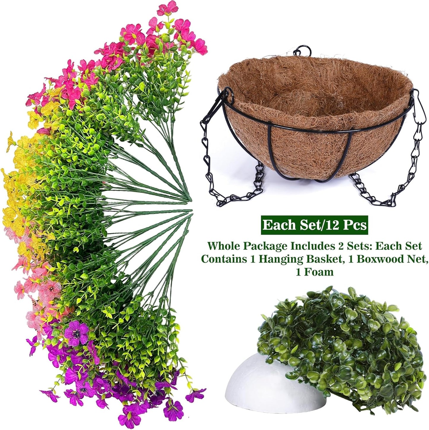 2 Sets Artificial Hanging Plants Flowers Basket Outdoor, Fake Hanging Plants 24 Pcs Flowers for Porch Patio Garden Home Decor for Mothers Day Memorial Day Spring Summer (Red, Purple, Yellow, Rose Red)