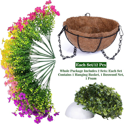 2 Sets Artificial Hanging Plants Flowers Basket Outdoor, Fake Hanging Plants 24 Pcs Flowers for Porch Patio Garden Home Decor for Mothers Day Memorial Day Spring Summer (Red, Purple, Yellow, Rose Red)